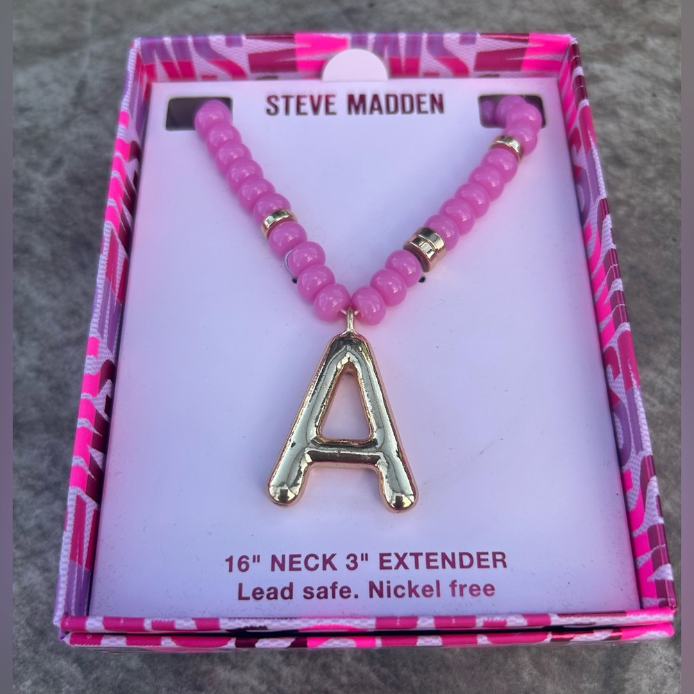 Steve Madden Pink Beaded Necklace with Gold 'A' Pendant
